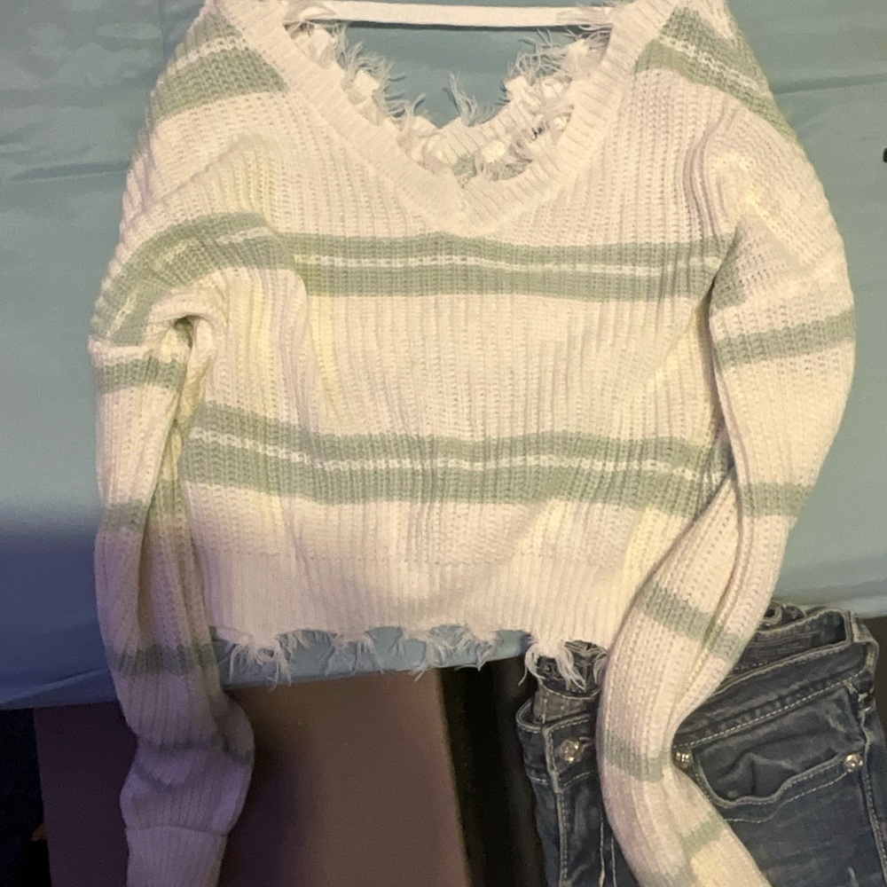 Cozy White and Green Striped Sweater